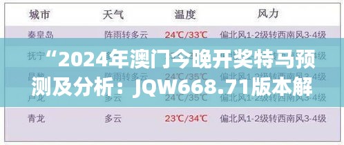 “2024年澳门今晚开奖特马预测及分析：JQW668.71版本解读”